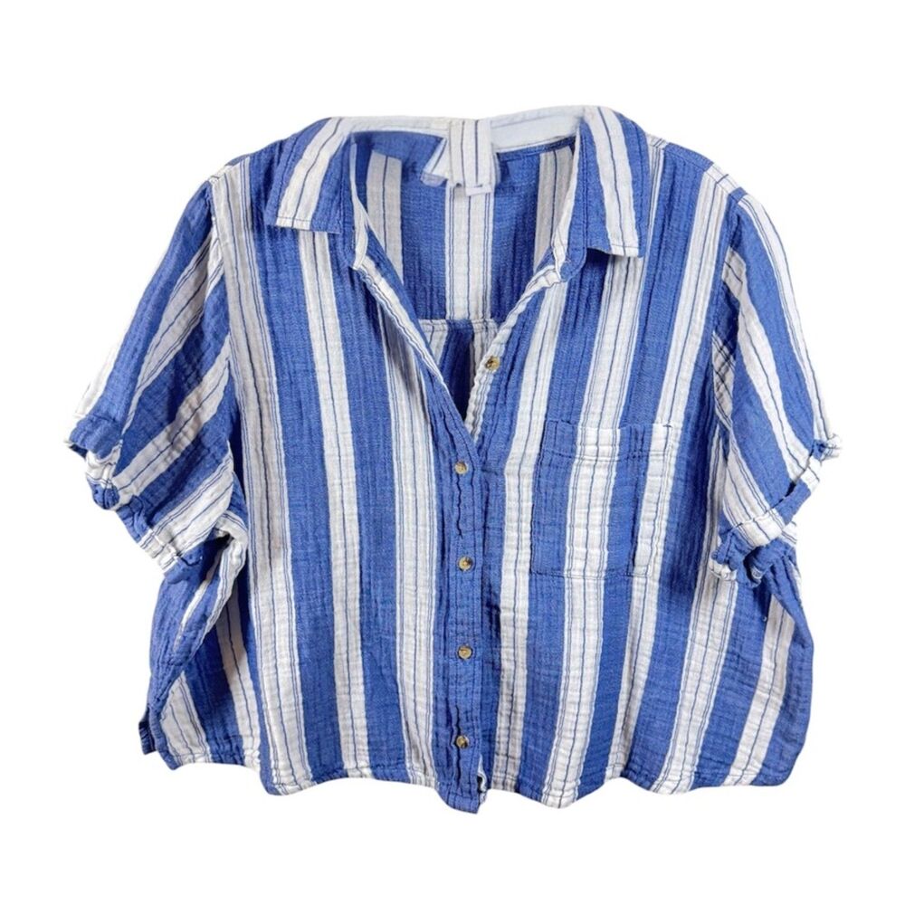 Old Navy Blue White Stripe Cotton Gauze Camp Shirt Womens L Petite Button Front